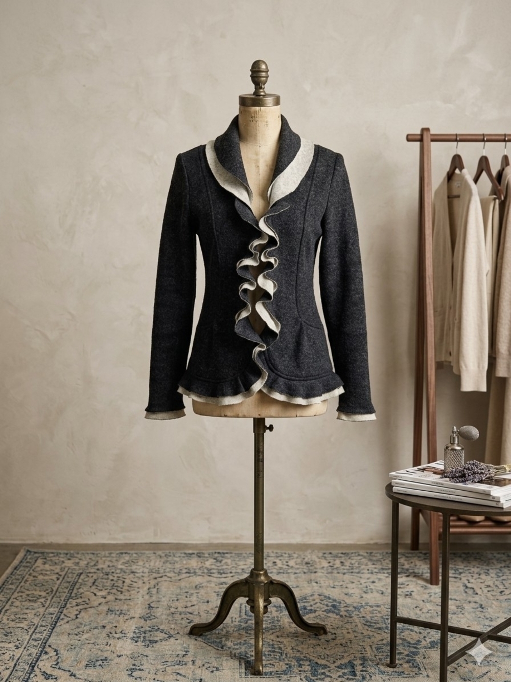 Tailored Charcoal Gray Ruffle-Front Blazer with Cream Trim